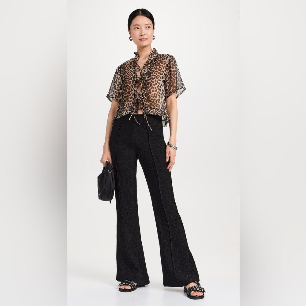 NWT‎ Ganni Black Viscose Stretch Crepe Flared Pants Textured Pintuck Size 34